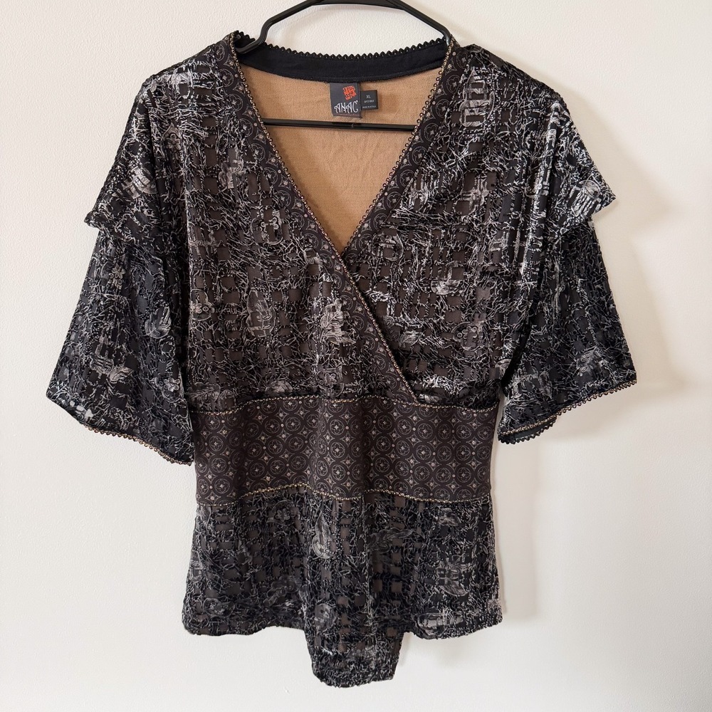 Velvet Burnout Blouse Womens XL Sheer Layered Lagenlook Artsy ANAC By Kimi